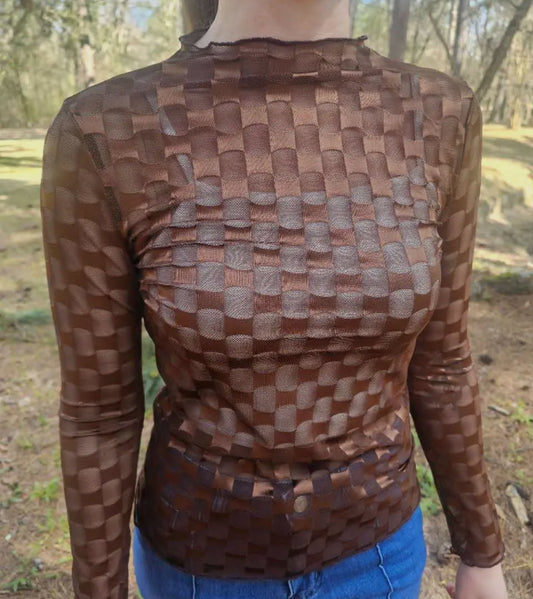 Brown Checkered Mesh Layering Top